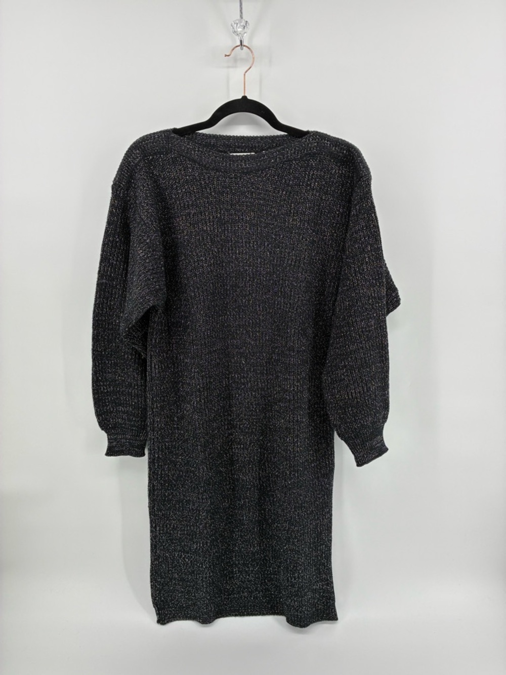 VINTAGE!! Black Metallic Sparkle Knit Sweater Dress - Picture 2 of 9